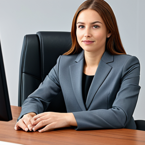 **

A professional businesswoman in a modest business suit, sitting at a desk in a modern office, fully clothed, appropriate attire, safe for work, perfect anatomy, natural proportions, professional photography, high quality.

**