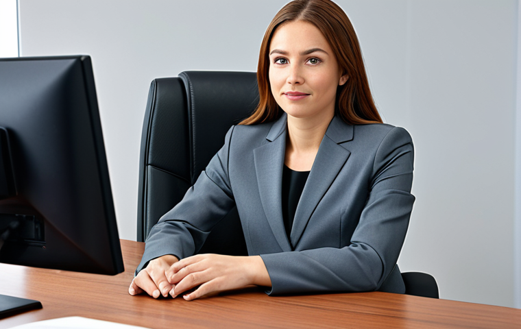 **
A professional businesswoman in a modest business suit, sitting at a desk in a modern office, fully clothed, appropriate attire, safe for work, perfect anatomy, natural proportions, professional photography, high quality.
**