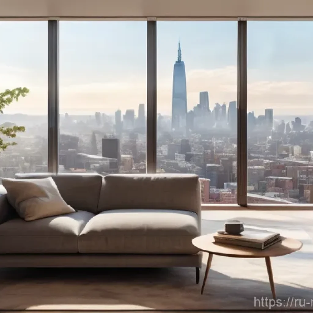 공기흐름 시뮬레이션 - **A modern, minimalist living room with a large window overlooking a city skyline. Sunlight streams ...