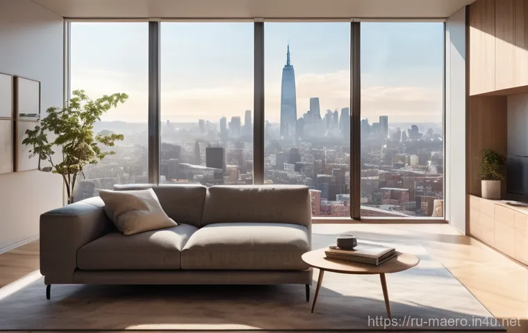 공기흐름 시뮬레이션 - **A modern, minimalist living room with a large window overlooking a city skyline. Sunlight streams ...