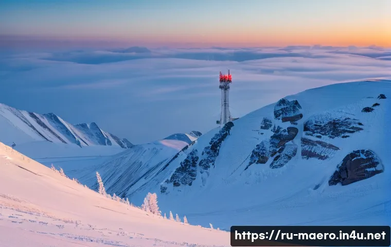 항공기 레이더 시스템 - A high-tech aviation radar station situated on a snowy mountain peak in Russia, featuring large phas...