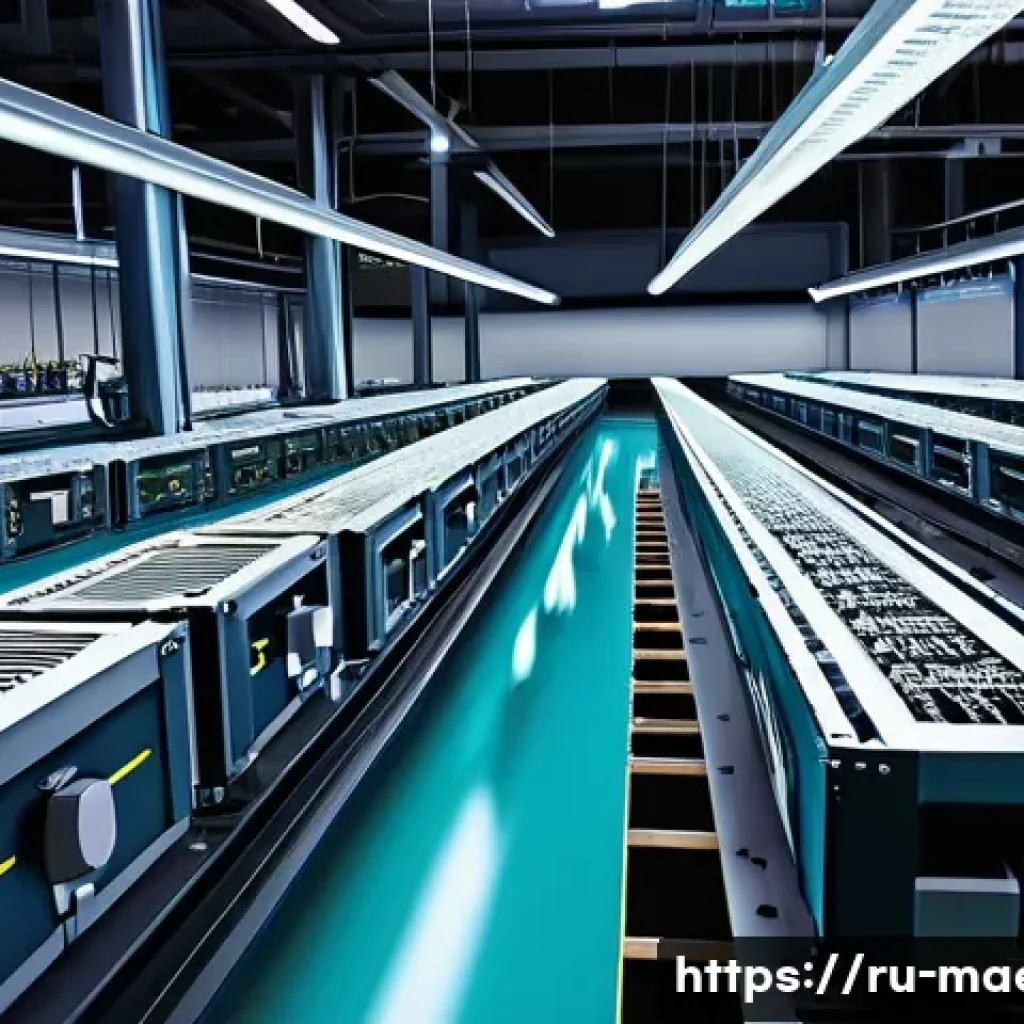 전자기계 시스템 - A highly detailed industrial automation scene showcasing a modern factory floor with robotic arms as...