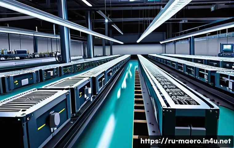 전자기계 시스템 - A highly detailed industrial automation scene showcasing a modern factory floor with robotic arms as...