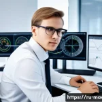 기계항공공학 논문 작성법 - A detailed professional engineering office environment with a Russian aerospace engineer analyzing a...