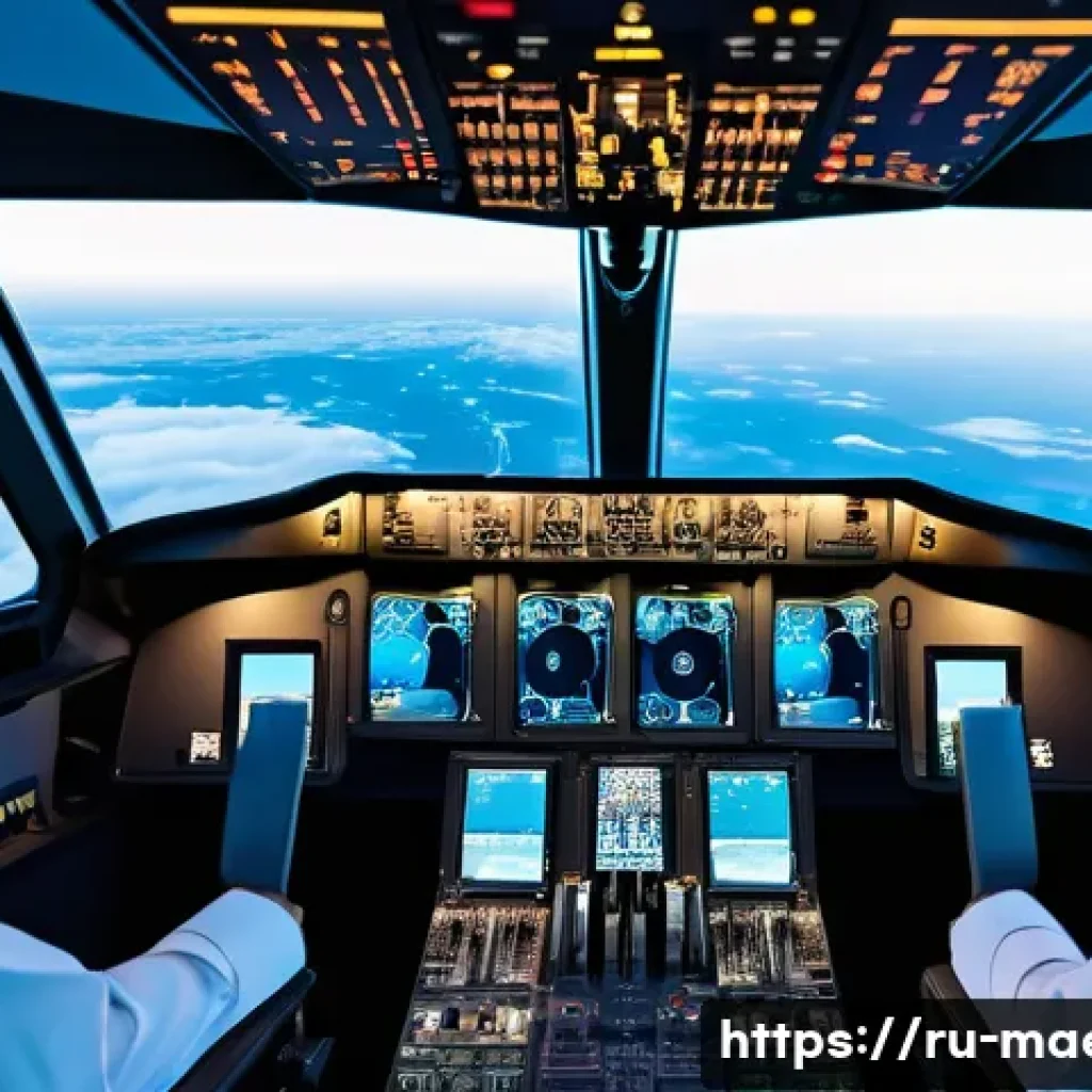자동화된 비행 제어 시스템 - A modern commercial airplane cockpit interior showcasing advanced flight automation systems with mul...