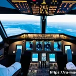 자동화된 비행 제어 시스템 - A modern commercial airplane cockpit interior showcasing advanced flight automation systems with mul...