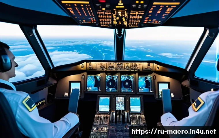 자동화된 비행 제어 시스템 - A modern commercial airplane cockpit interior showcasing advanced flight automation systems with mul...