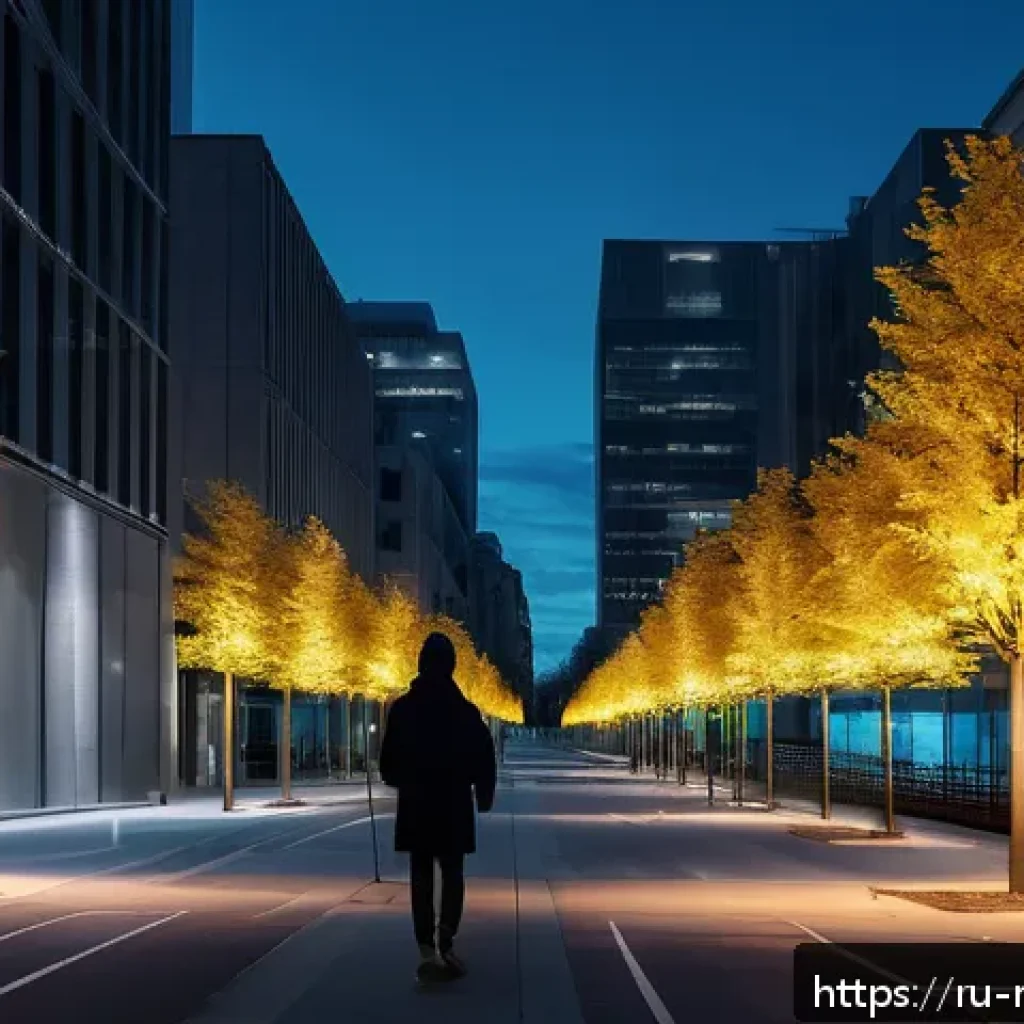 스텔스 기술 - A modern urban scene at dusk featuring a person walking through a city park with multiple surveillan...