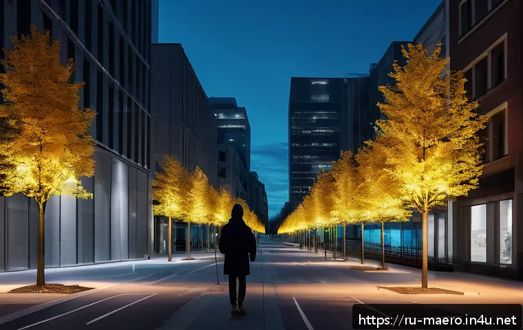 스텔스 기술 - A modern urban scene at dusk featuring a person walking through a city park with multiple surveillan...