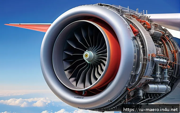 항공기 엔진 - A highly detailed cutaway illustration of a modern turbofan jet engine in operation, showing airflow...