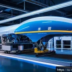 기계공학 물리학 - A futuristic aerospace engineering lab showcasing a cutting-edge ultralight composite aircraft wing ...