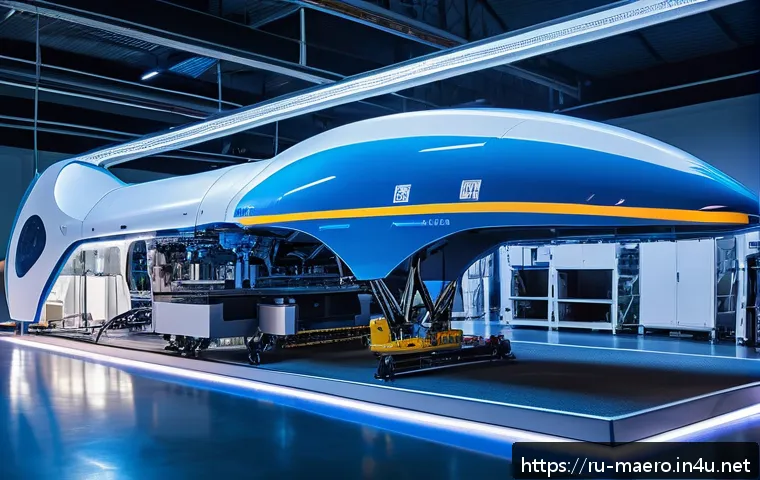 기계공학 물리학 - A futuristic aerospace engineering lab showcasing a cutting-edge ultralight composite aircraft wing ...