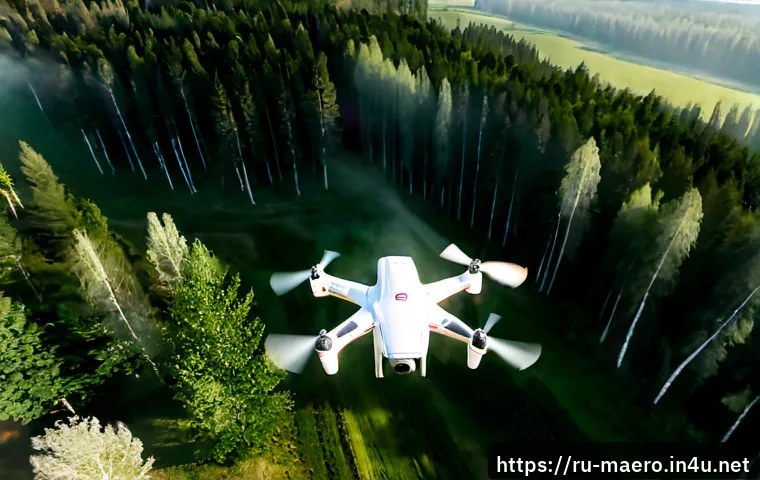 무인 항공기  드론 - Photorealistic consumer quadcopter drone hovering above a sunlit birch forest clearing in rural Russ...