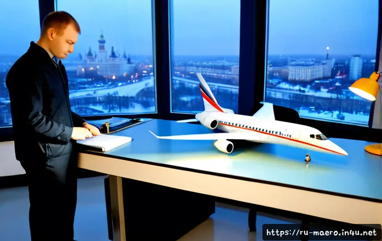 Home 17 항공기 설계 연구 - Photorealistic aircraft design research laboratory in Russia, two aerospace engineers studying a det...
